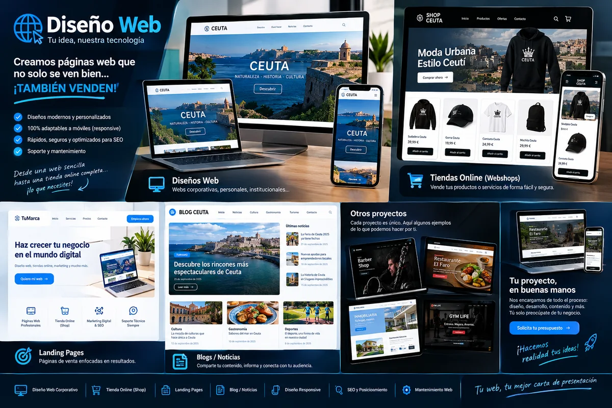 Referencia con ocho conceptos web: turismo, tienda, marca, blog, barbería, restaurante, inmobiliaria y gimnasio